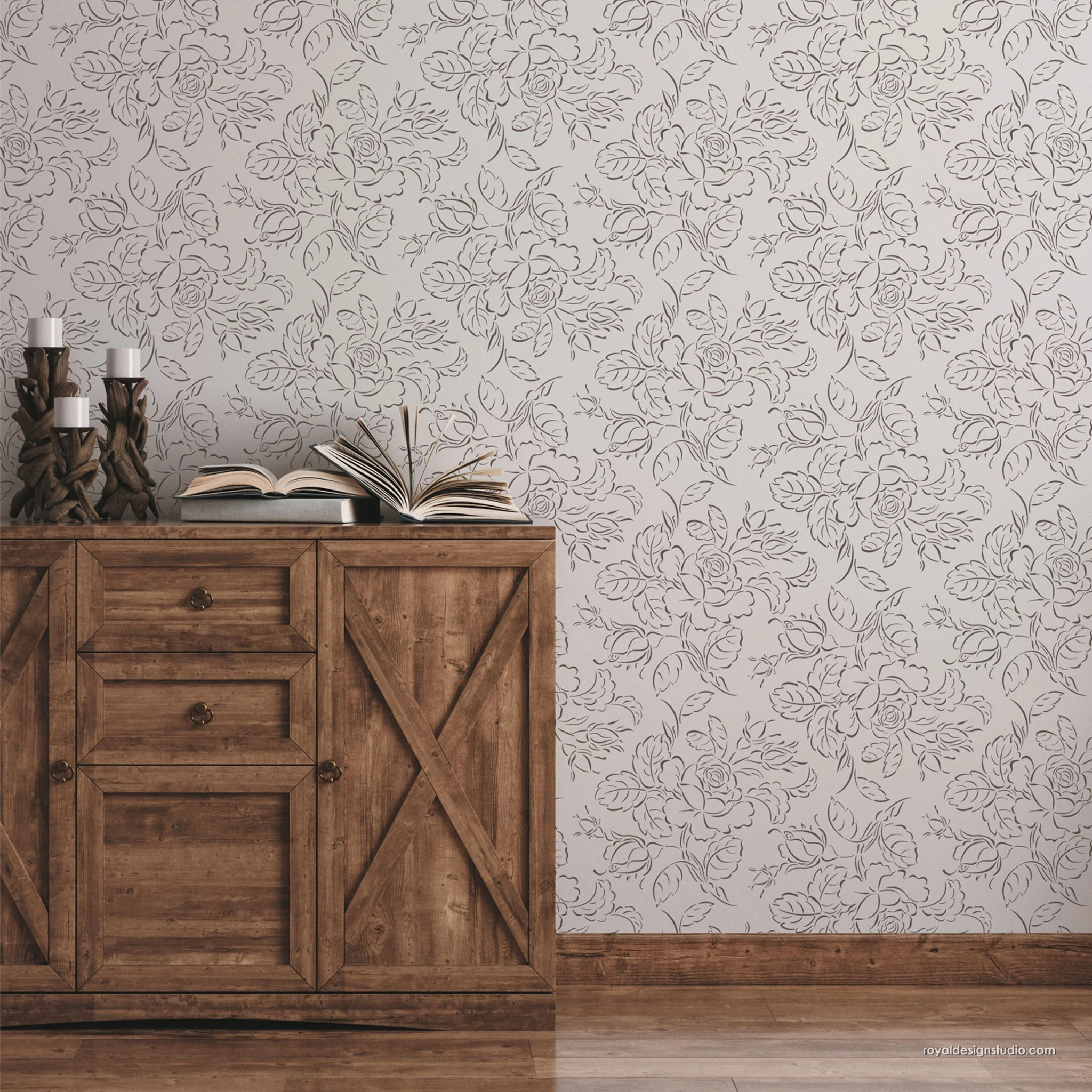 Cottage Cabbage Rose Floral Wall Stencil - Image 5